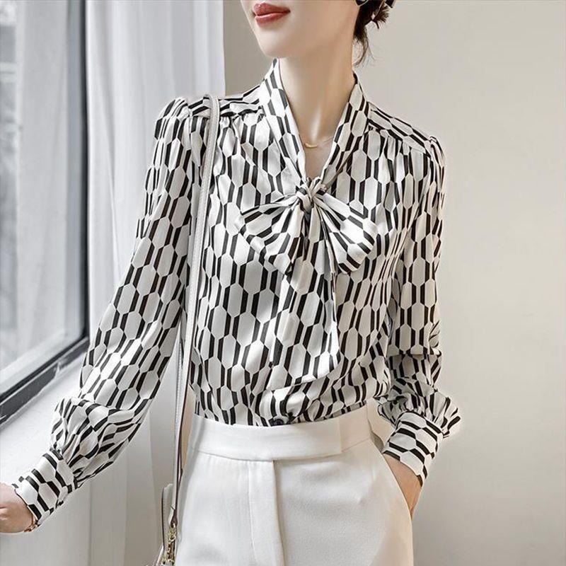 Áo Sơ Mi Chiffon Tay Dài Dáng Rộng Cổ Thắt Nơ In Họa Tiết Màu Trắng Đen Phong Cách Hàn Quốc Thời Trang Mùa Xuân Cho Nữ