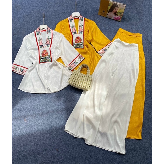 Sét bộ lam pháp phục tay lỡ viền hoa văn dễ thương - free size dưới 54kg