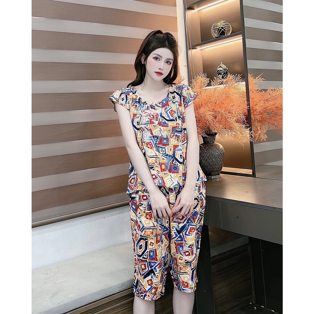 Bộ đồ lanh mặc nhà Kenva, set đồ ngủ nữ chất lanh mềm mịn họa tiết hoa lá độc đáo nhiều màu nổi bật, dáng cộc quần ngố