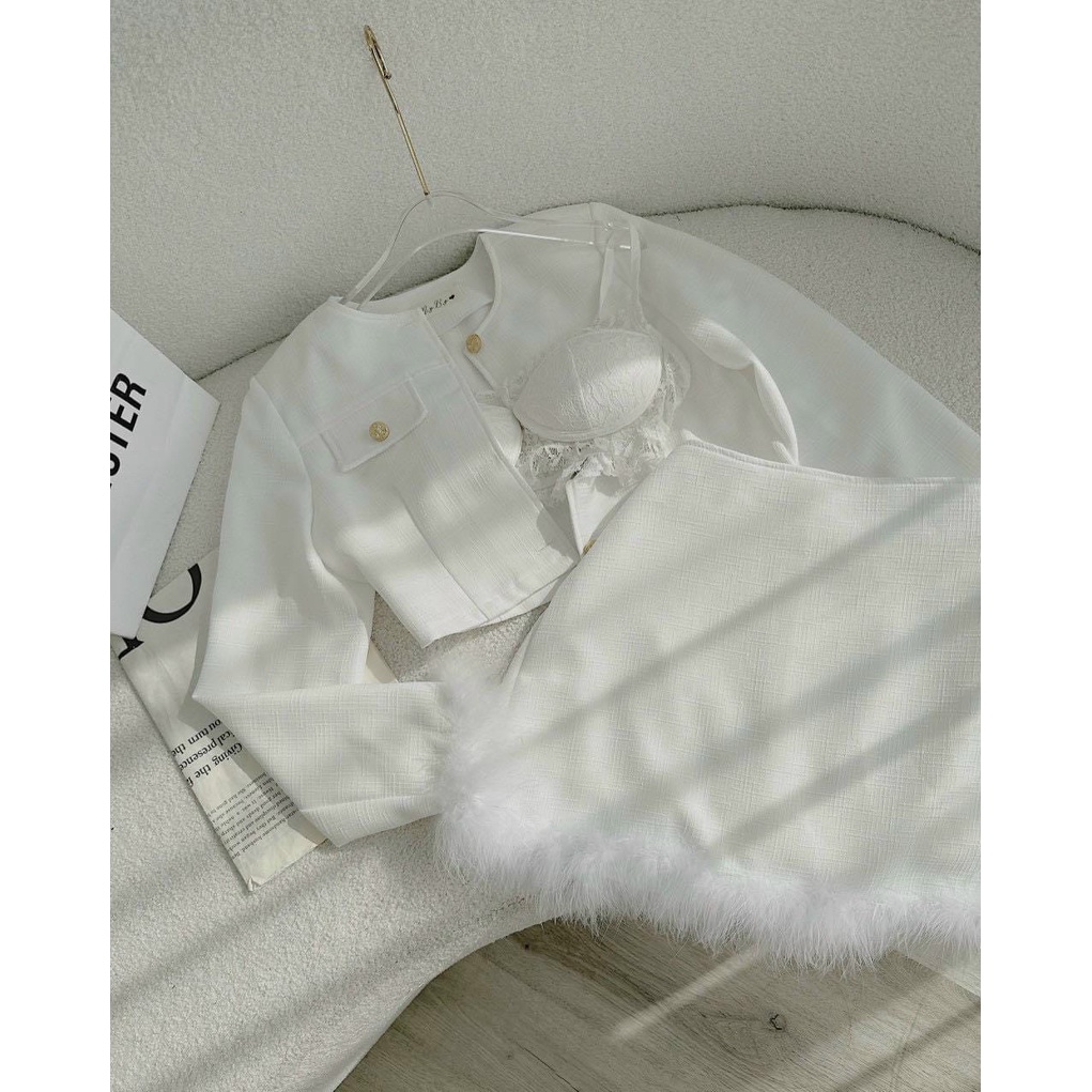 Set bộ 3 món áo khoác dạ croptop kèm bra 2 dây phối chân váy lông vũ Hari_Fashion - Mã SR265