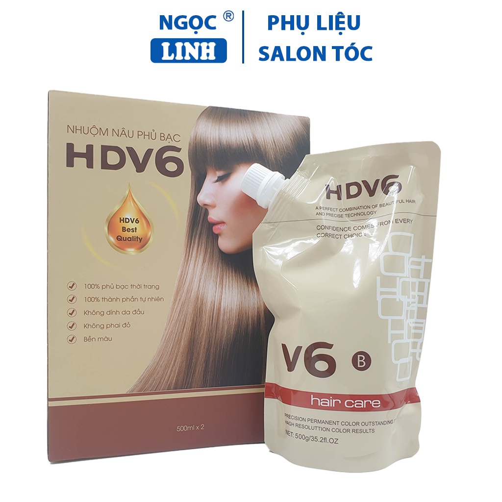 Thuốc nhuộm nâu HDV6 500ml x2, Nhuộm phủ bạc HDV6 không dính da đầu