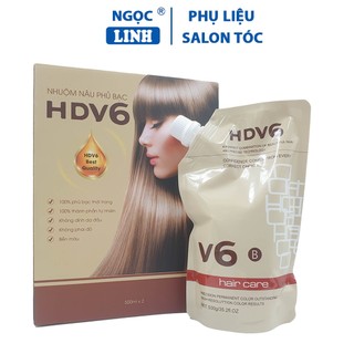 Thuốc nhuộm nâu hdv6 500ml x2, nhuộm phủ bạc hdv6 không dính da đầu