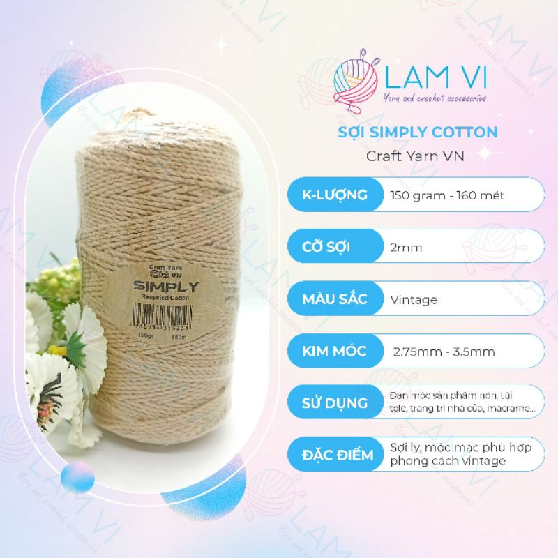Sợi Simply Cotton móc nón túi tote balo