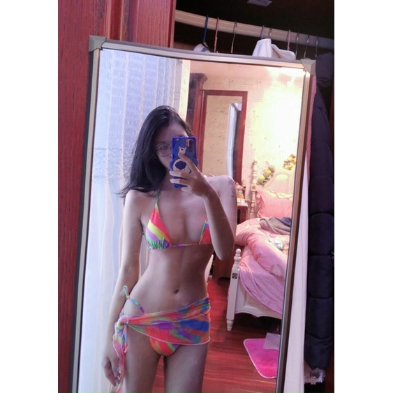 Bikini đồ tắm 3 mảnh chip tam giác mix khăn quấn hoạ tiết vệt màu sành điệu