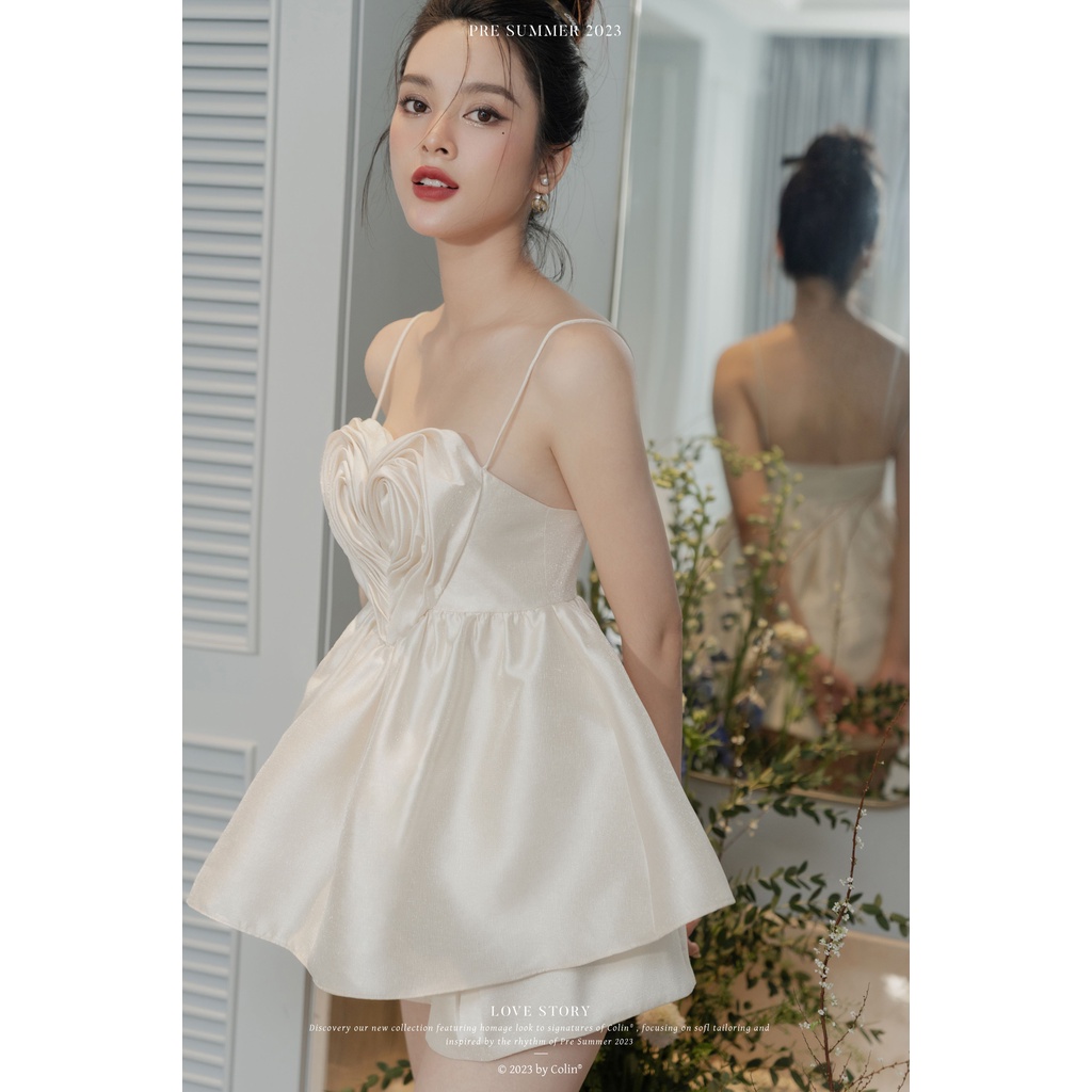 Áo 2 dây nữ tim xếp ngực tùng xòe chất taffta ánh kim