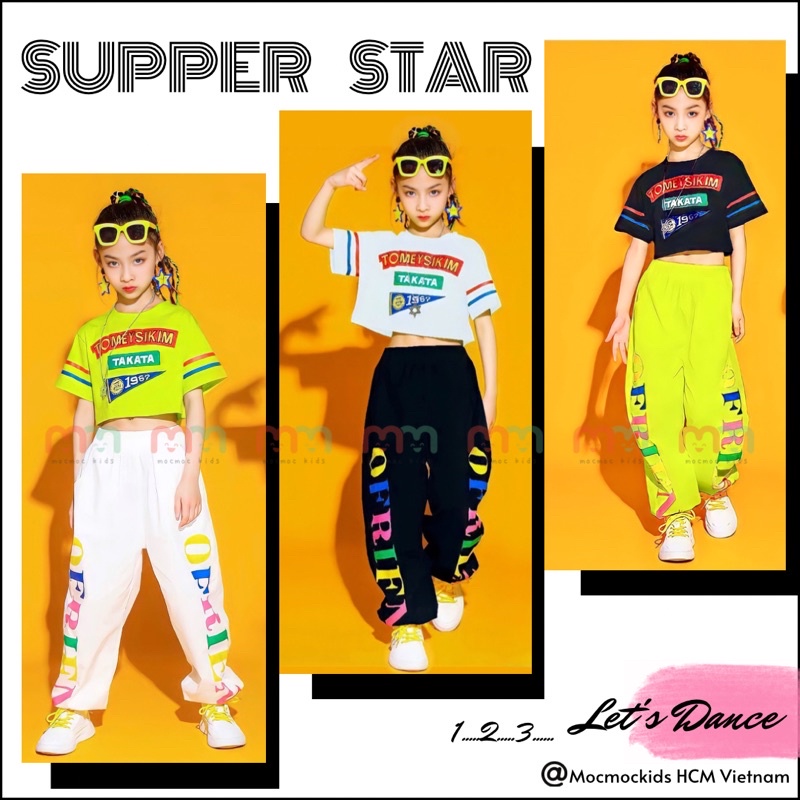 Đồ nhảy cho bé gái cá tính hiphop hiện đại sắc màu áo croptop phối quần jogger thun cotton cao cấp cho bé 20kg đến 44kg