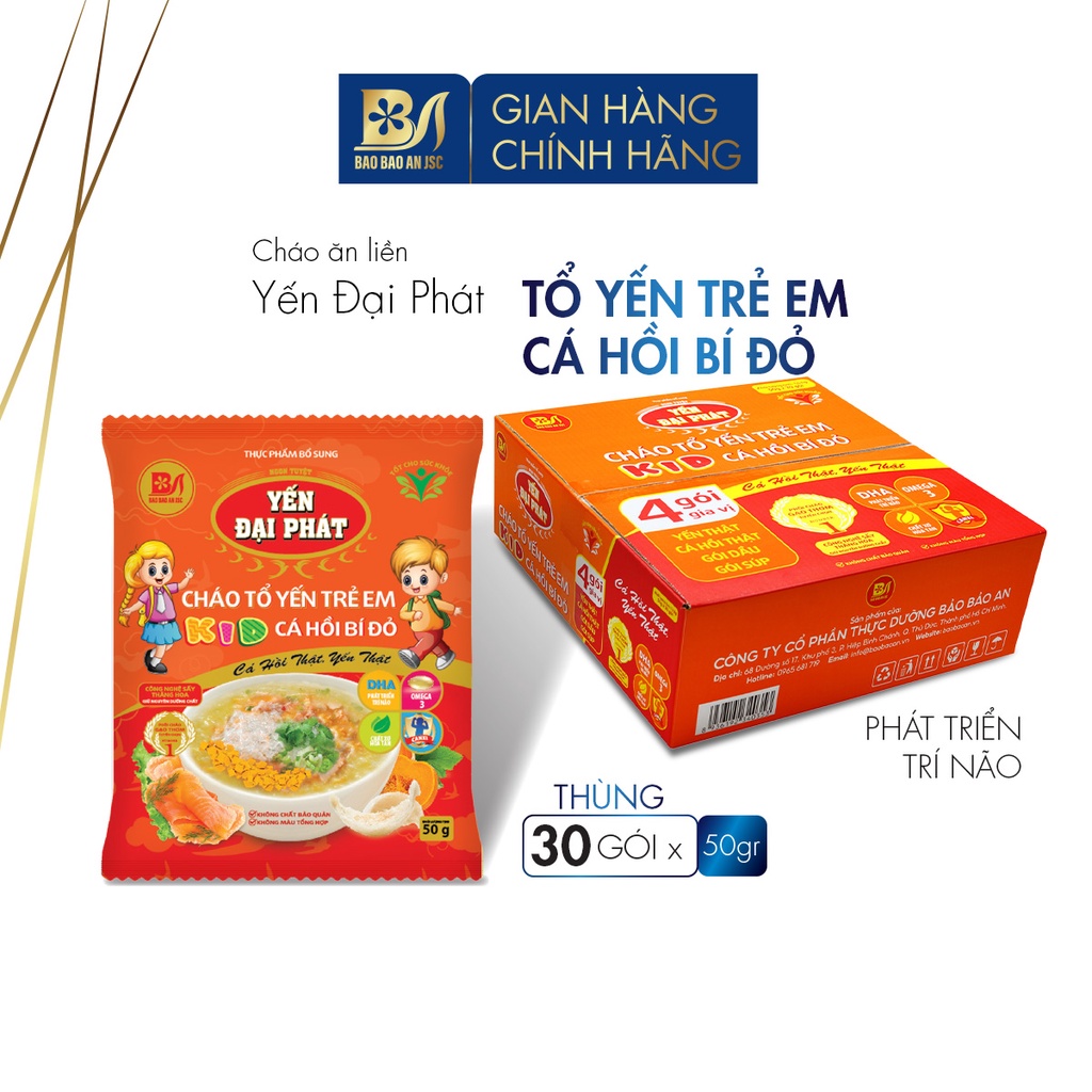 Cháo Tổ Yến Trẻ Em Cá Hồi Bí Đỏ - Yến Đại Phát - 4 gói gia vị, ăn liền, tiện lợi, thơm ngon - Thùng 30 gói x 50gr