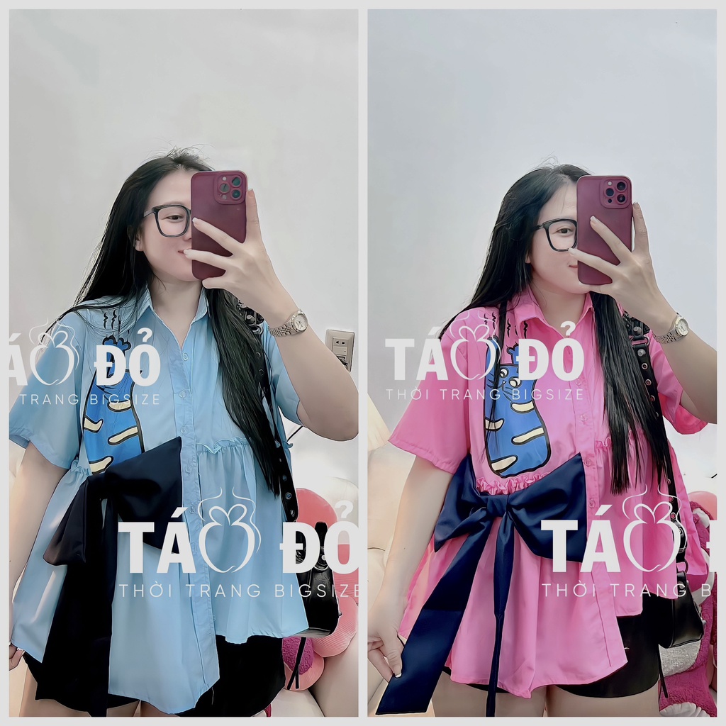 SET SƠ MI ĐÙI HÌNH MÈO ĐÍNH NƠ DỄ THƯƠNG S191 (TÁO ĐỎ BIGSIZE 55-90KG) 🍎🍎🍎