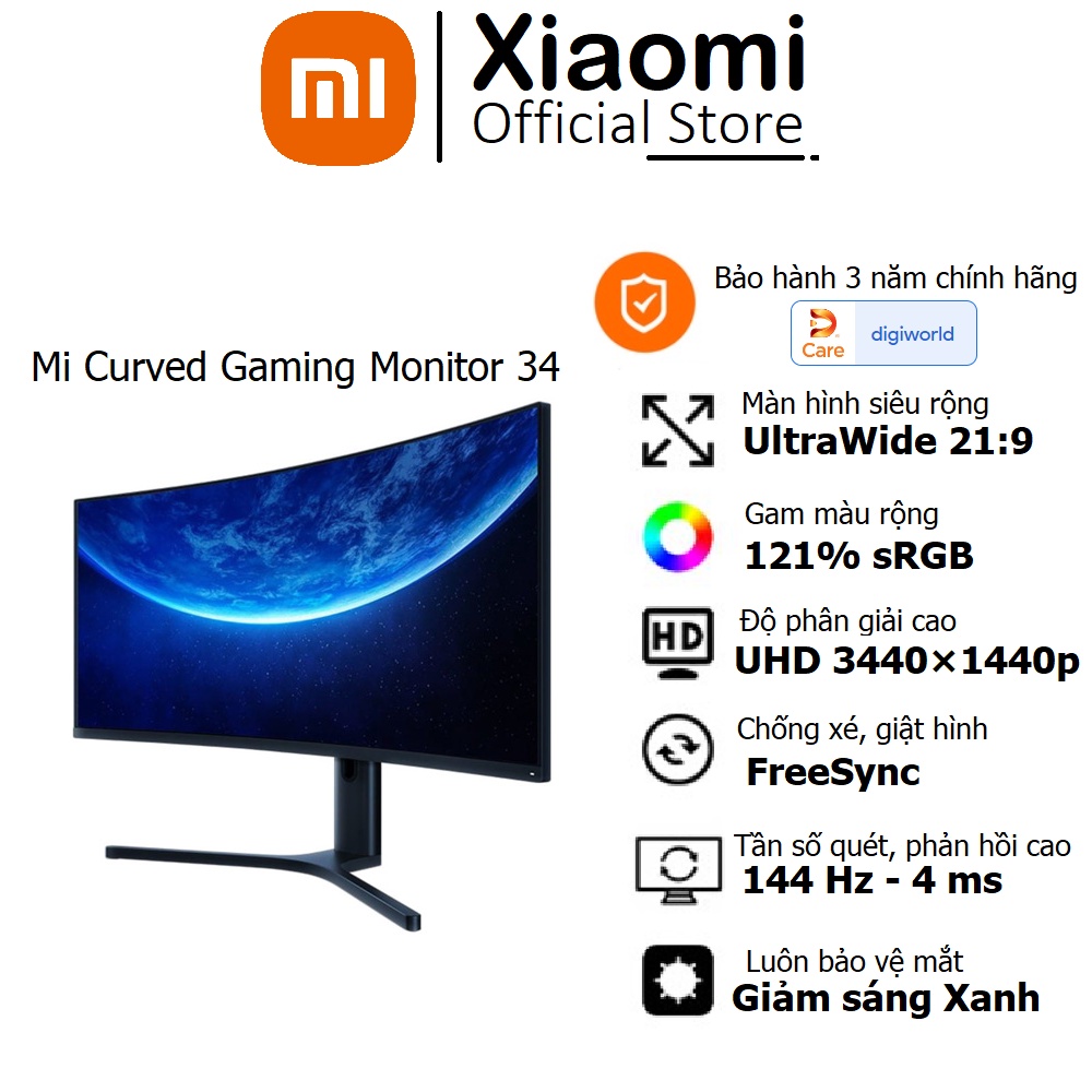 Màn hình máy tính Xiaomi 34 inch UltraWide 21:9, WQHD 3440×1440p, 144Hz-4ms Mi Curved Gaming Monitor 34