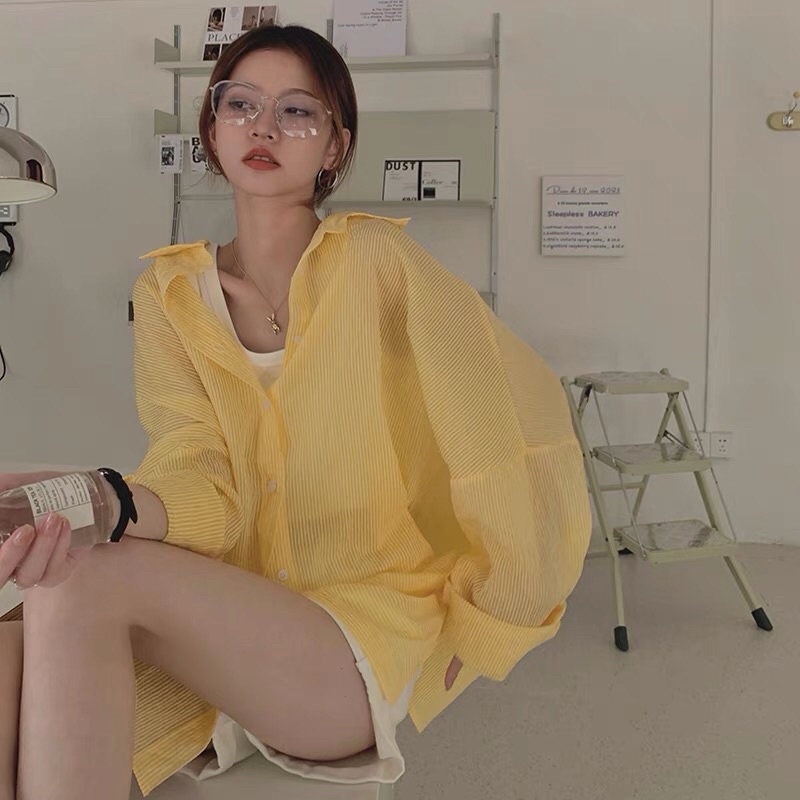 Áo sơ mi kẻ sọc dài tay màu vàng vải cotton siêu xinh❤️
