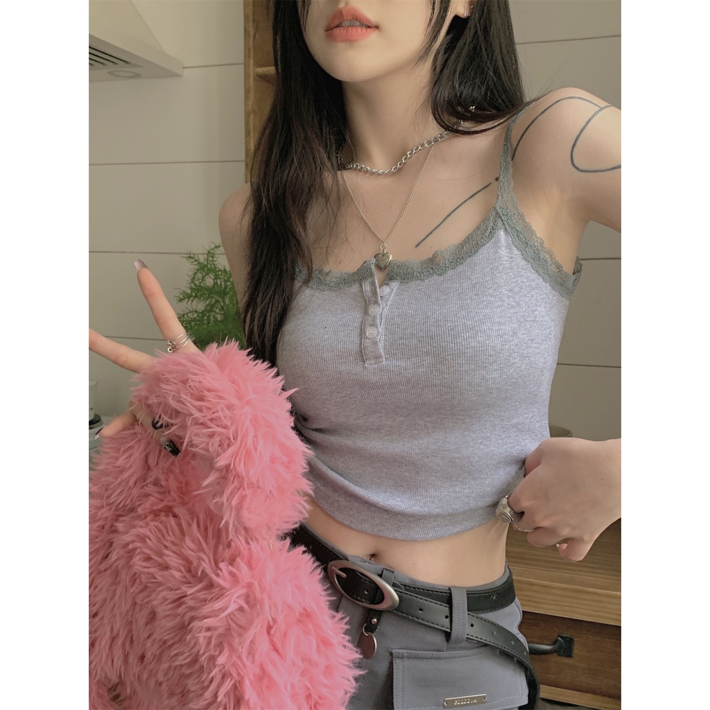 QKOOLE Áo hai dây  phối ren phong cách Hàn Quốc thời trang cho nữ