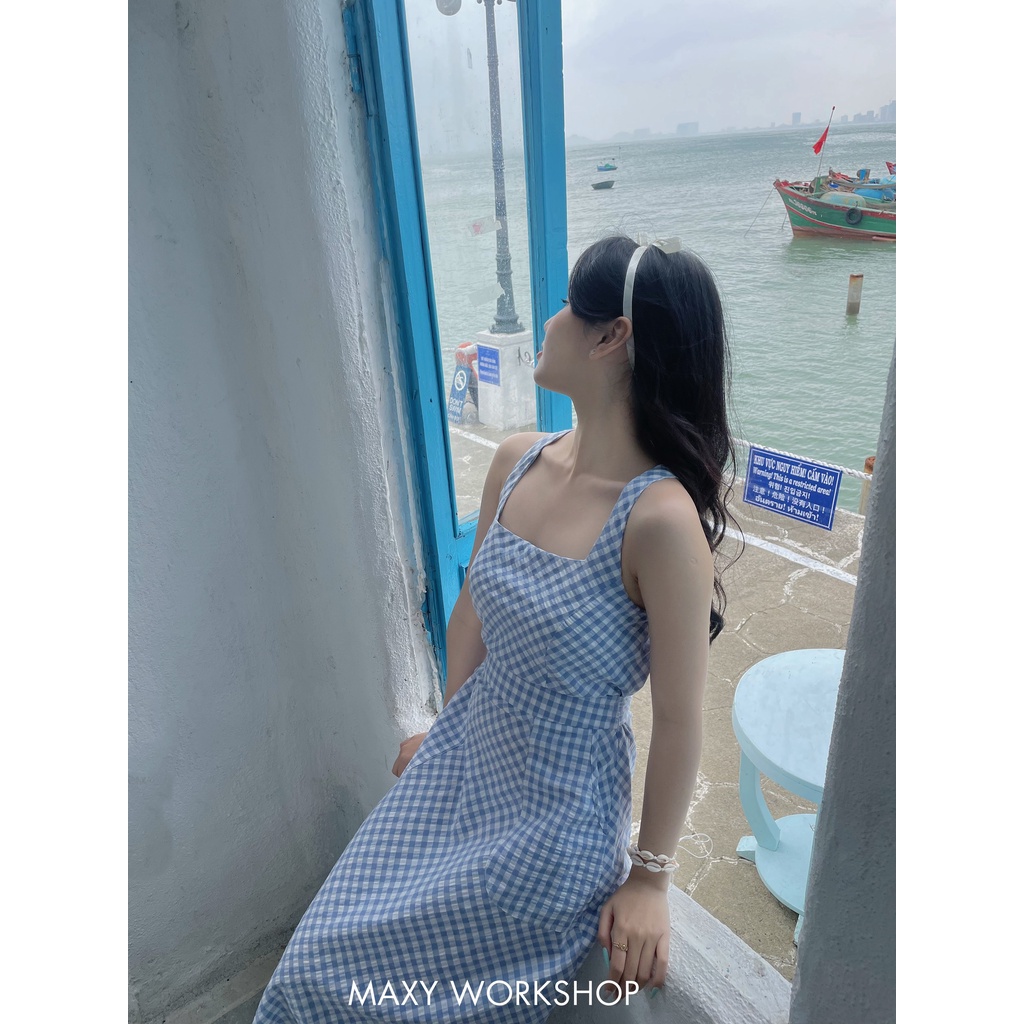 Đầm hai dây chéo lưng Blue Caro Midi Maxy Workshop