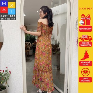 Đầm maxi trễ vai freesize bông vàng cam xinh xắn dưới 55kg