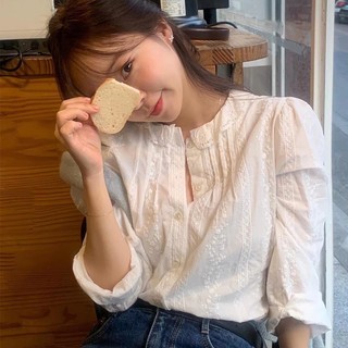 Áo kiểu tay phồng cổ tròn phối ren phong cách hàn quốc