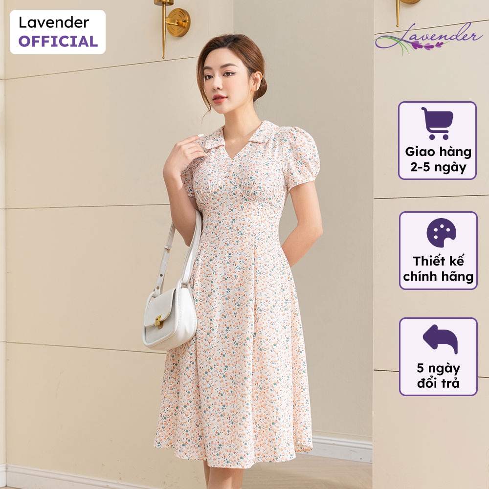Đầm công sở thiết kế LAVENDER vải hoa nhí cam cổ bẻ tay bồng D2787