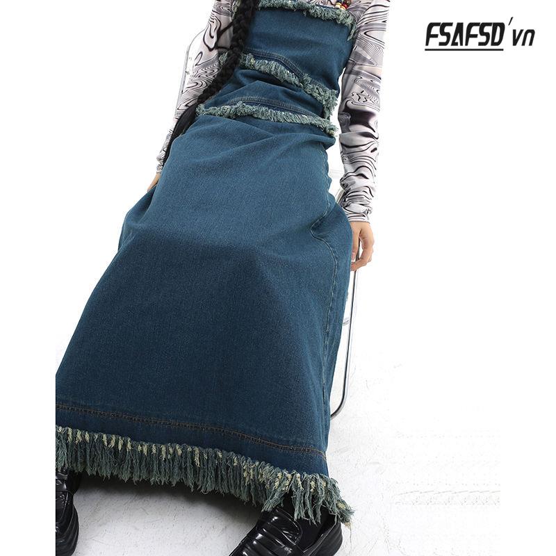 Đầm Yếm Denim Tua Rua Thời Trang Dành Cho Nữ