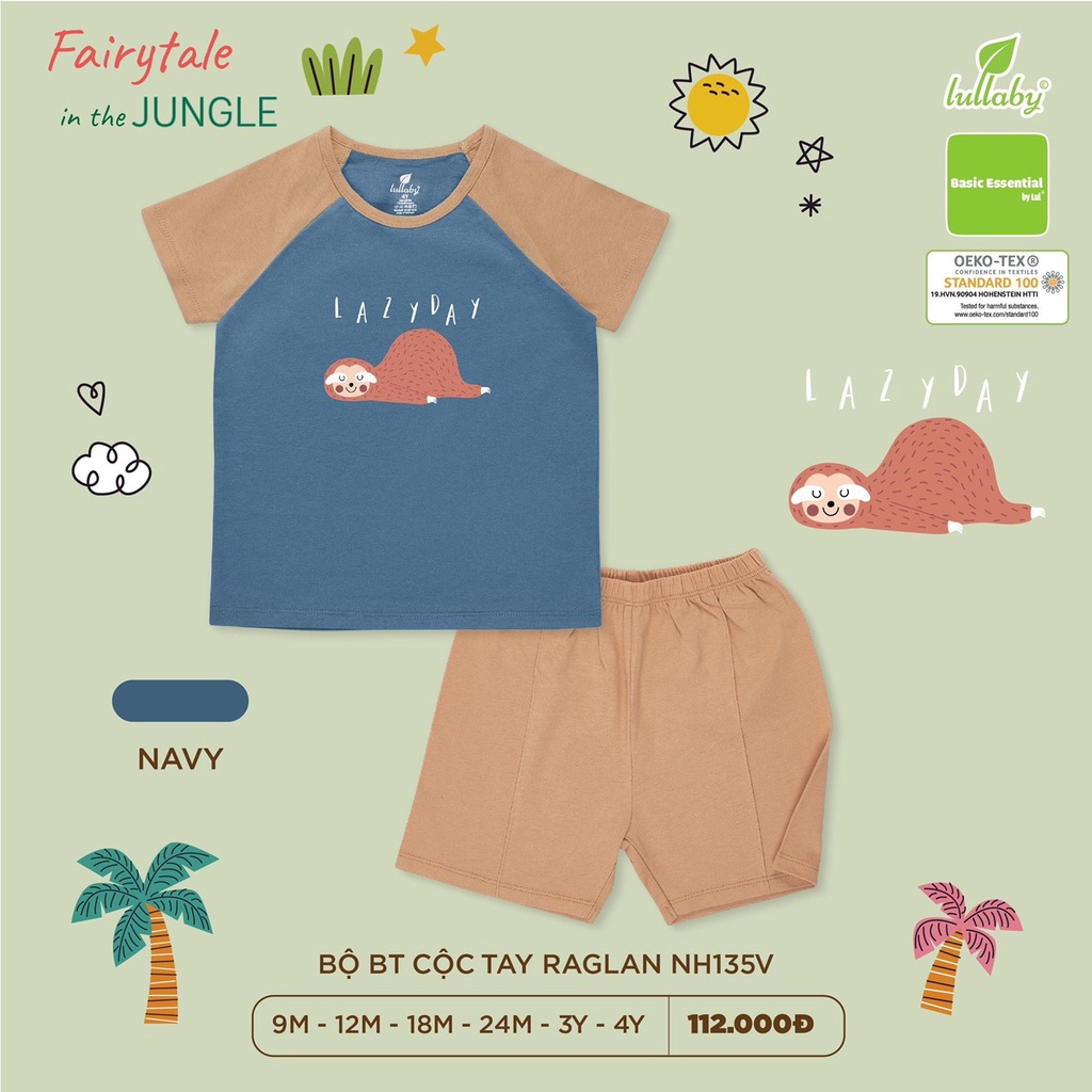 Bộ cộc tay cài vai raglan hoạ tiết LULLABY cho bé trai (NH135V) 3y 4y k có cúc vai