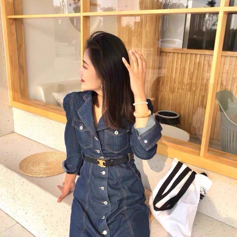 Váy Bò Nữ - Đầm Denim Tay Dài Phong Cách Vintage Siêu Xinh_ Hàng QCCC Kèm Ảnh Thật