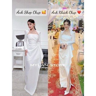 ĐẦM THIẾT KẾ MYLAN STORE DỰ TIỆC MÀU TRẮNG DÀI TAY CHẤT TAFTA NHẬP CAO CẤP