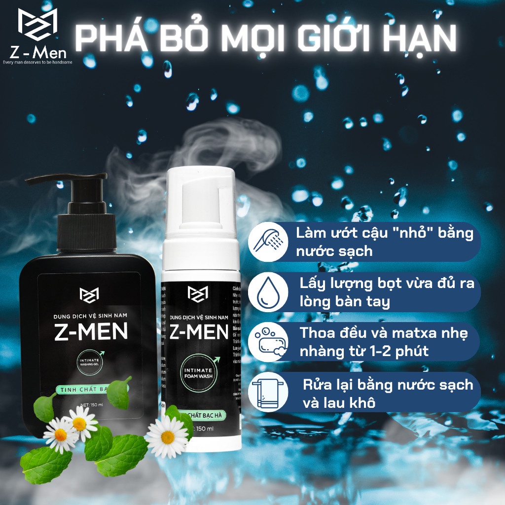 COMBO 2 chai dung dịch vệ sinh nam giới Z-MEN bọt và gel hương bạc hà nam tính cuốn hút khử mùi 150 ML