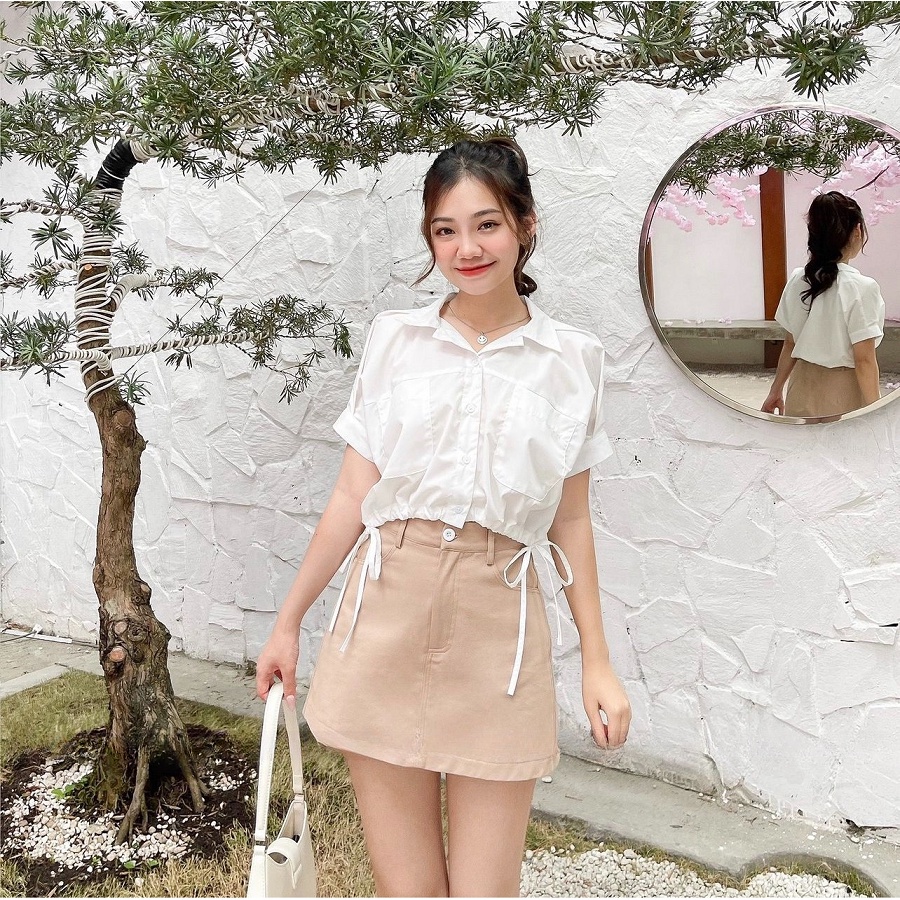 Áo sơ mi croptop chun eo thắt nơ 2 bên siêu xinh