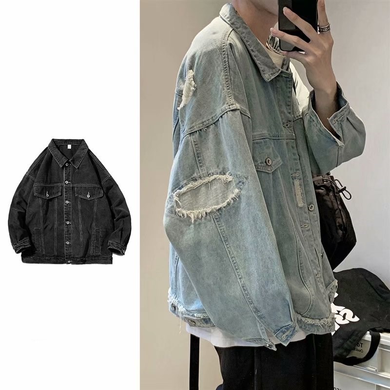 Áo khoác bò nam dáng rộng rách thời trang Hàn Quốc, Áo khoác jean nam có túi ngực rách phong cách Unisex cao cấp 2023