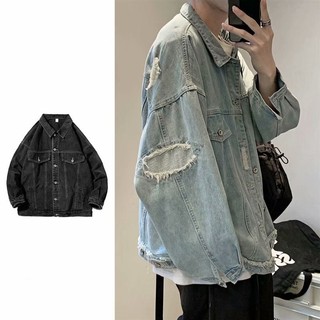 Áo khoác bò nam dáng rộng rách thời trang Hàn Quốc, Áo khoác jean nam có túi ngực rách phong cách Unisex cao cấp 2023