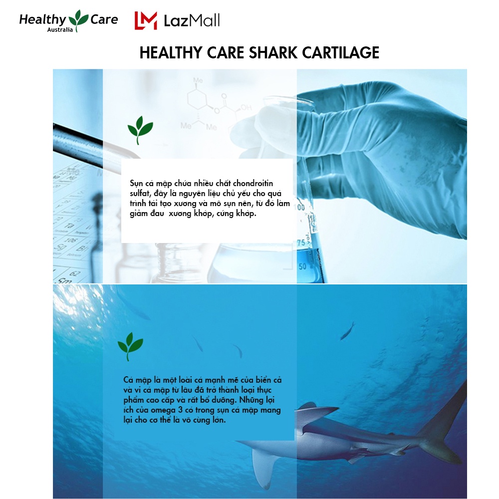 Viên uống sụn vi cá hỗ trợ xương khớp Shark Cartilage Healthy Care 750mg 200 viên của Úc