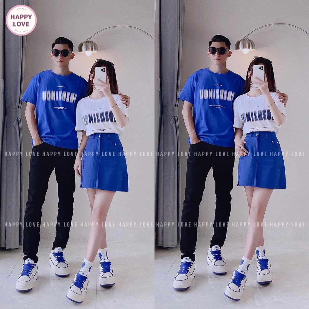 Áo phông nam nữ HAPPYLOVE áo thun cặp đôi màu trắng và xanh in chữ mix chân váy H48