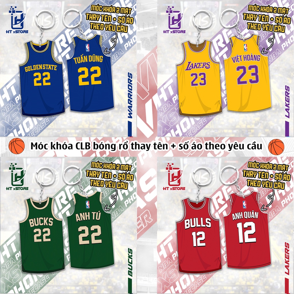 Móc khóa mica áo bóng rổ các CLB giải NBA thay tên và số theo yêu cầu, móc khóa in hai mặt Lakers Warriors Celtics