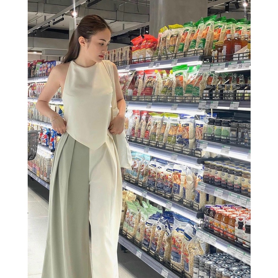 Set áo croptop cổ tròn mix quần suông xếp li phối màu