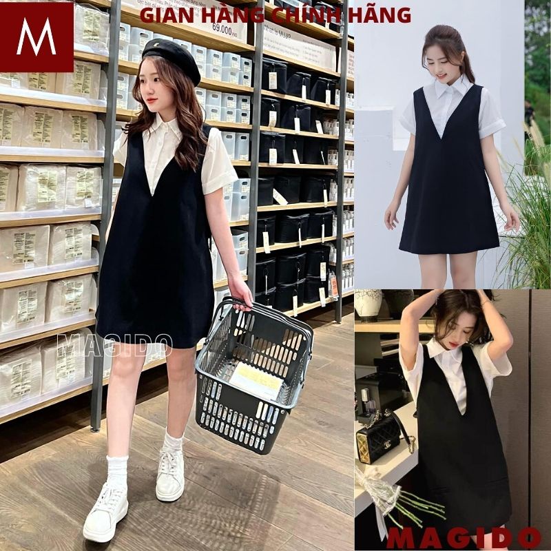 Váy yếm nữ kèm áo sơ mi trắng phong cách Hàn Quốc đơn giản basic dáng suông ngắn cơ bản trẻ trung hot - MAGIDO V90
