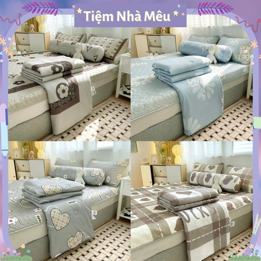 Bộ Combo 5 Món Chiếu Cao Su 3D Chun Cài 4 Góc Gối Kèm Chăn Mền Thun Lạnh Vỏ Ôm Mềm Mại Fullsize Tiệm Nhà Mêu