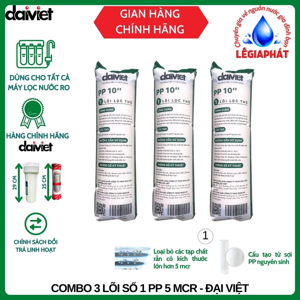 [Chính Hãng] Lõi Lọc Nước Số 1, Đại Việt - Combo 3 Lõi PP 10 inch 5 micro, Dùng Cho Các Loại Máy Lọc Nước RO