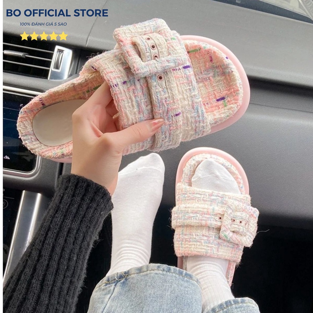 Mẫu dép Tweed bánh mì đế cao 4 cm mũi hở gót hở mix màu sắc xinh xắn cá tính dễ thương xuân hè 2023 BO SHOP
