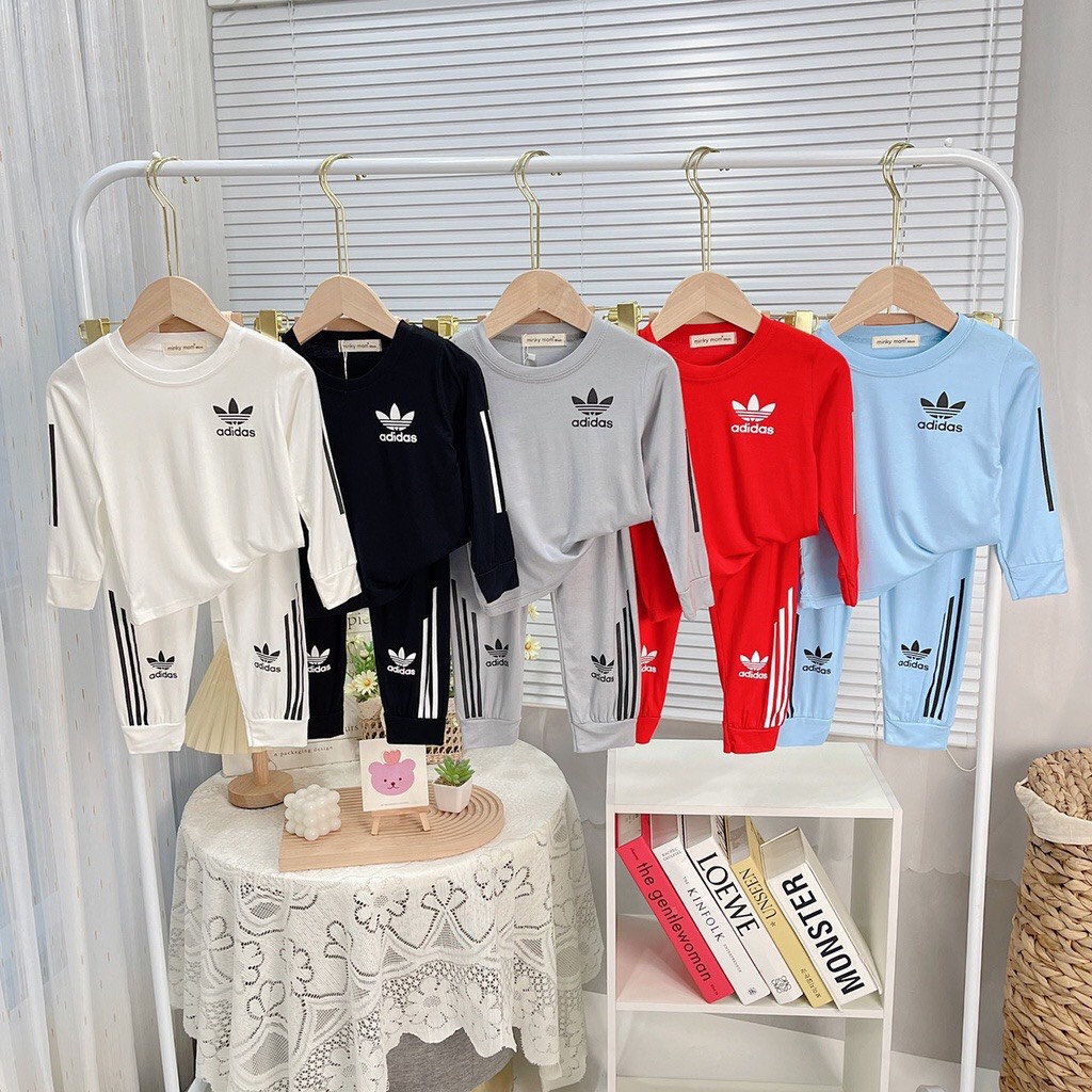 Bộ dài tay Minky Mom (10-21kg) thun lạnh in chữ adidas năng động cho bé trai, bé gái