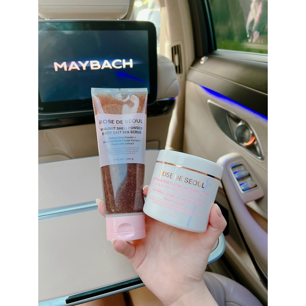 Combo tẩy da chết và kem body Rose De Seoul chăm sóc da từ sâu bên trong, loại bỏ tế bào chết hũ 200g