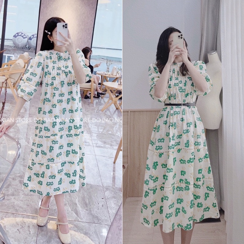 (Hàng L1) Váy Suông Hoa Xanh Tay Lỡ Bầu Bì Bon Chen, Đầm Xuông Hoa Phối Ren Xếp Li Dọc Vải Thô