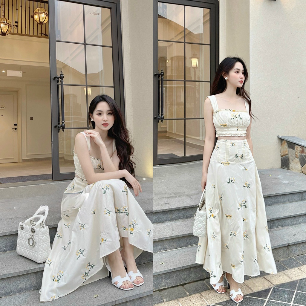 (TIENSOC)Set áo croptop xô thêu 2 dây + Chân váy xoè - Ꮯɦ𝚊̂́ȶ Ꮮɨ𝚎̣̂𝚞: xô thêu + lót lụa 𝙵𝚛𝚎𝚎 𝚜𝚒𝚣𝚎 𝚏𝚘𝚛𝚖