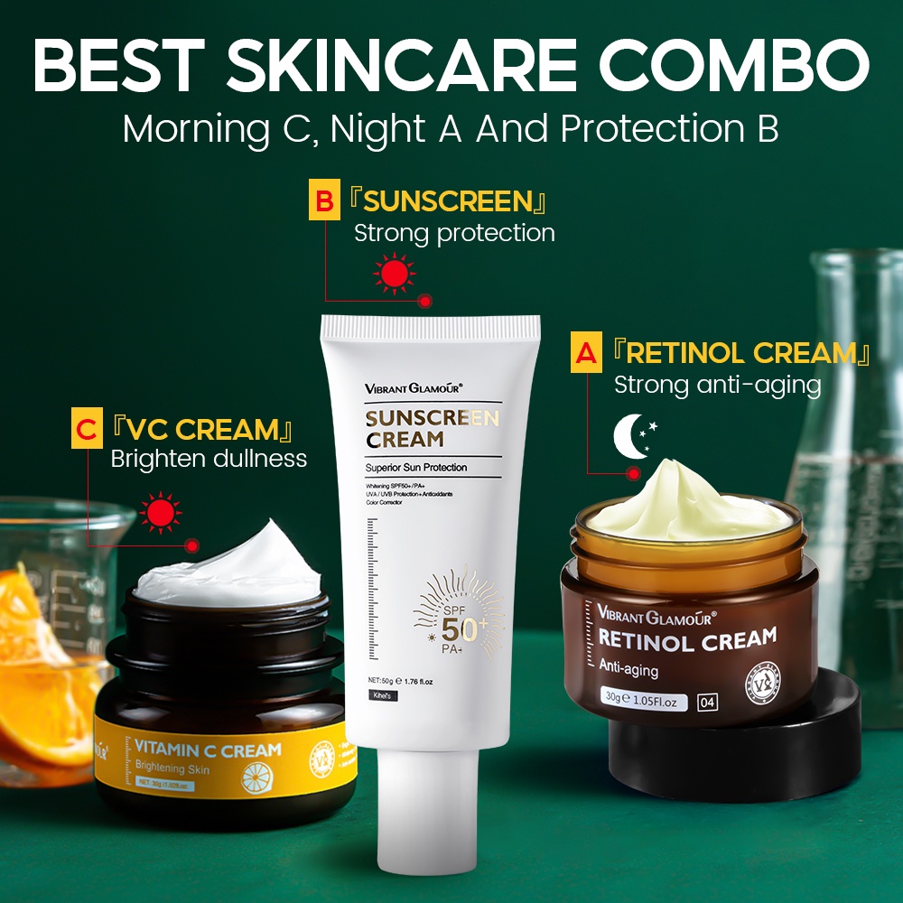 Set 3 mỹ phẩm dưỡng da VIBRANT GLAMOUR kem chống nắng kem retinol kem vitamin C giảm tàn nhang chống lão hóa