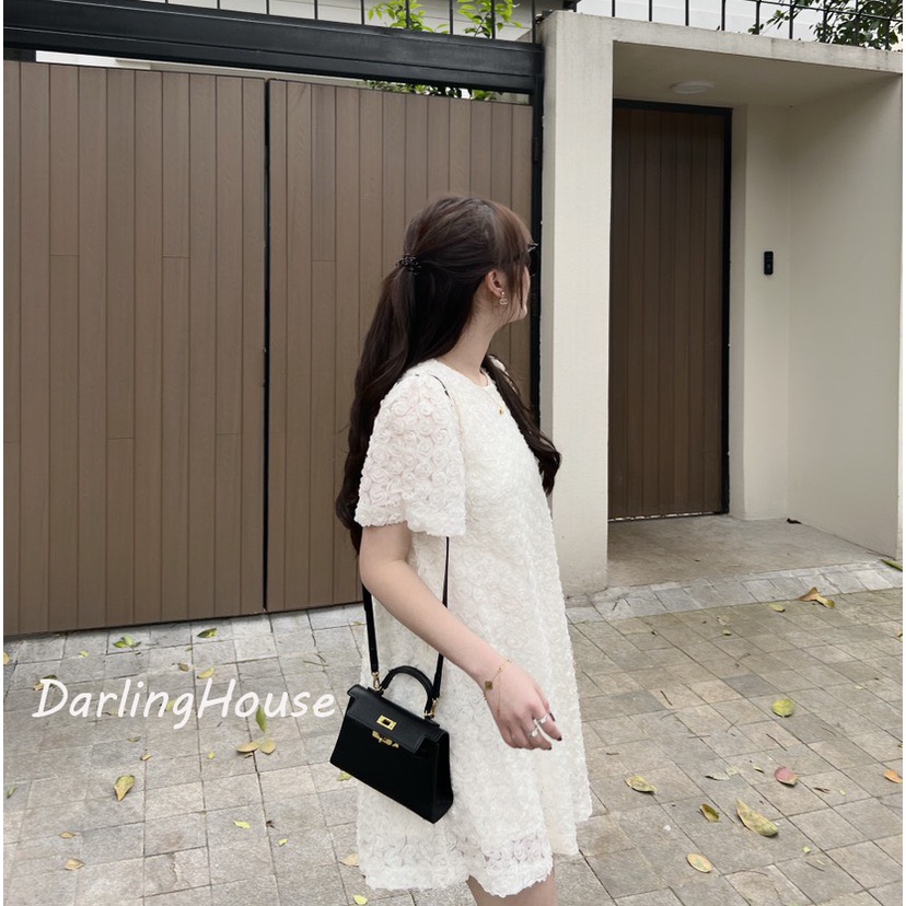 Váy nữ suông màu be hoa ren nổi đáng yêu, Đầm nữ tay ngắn cổ tròn màu be dự tiệc cưới, Đầm váy nữ dáng chữ A màu be hai