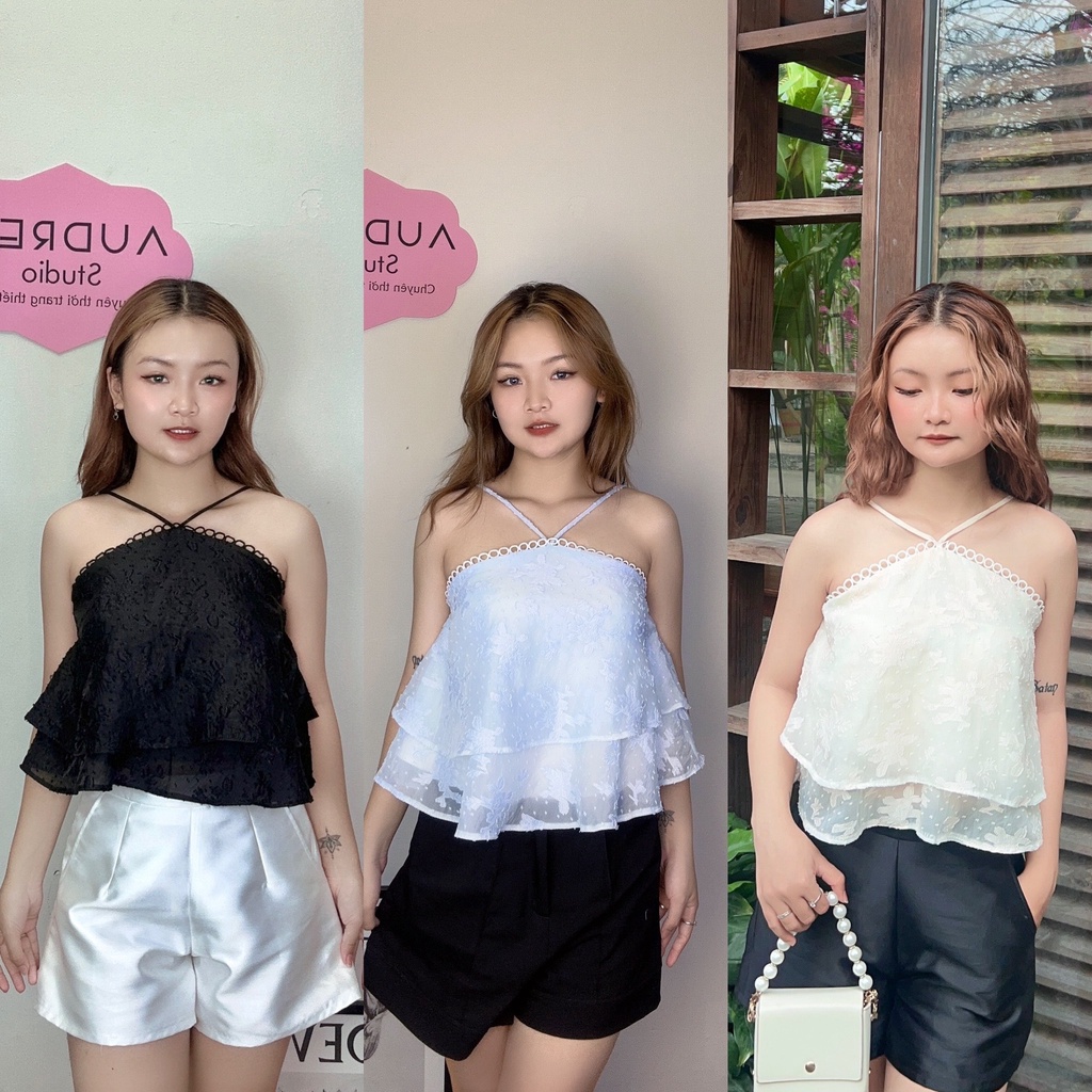 Áo yếm tầng viền ren croptop màu da/xanh biển/đen