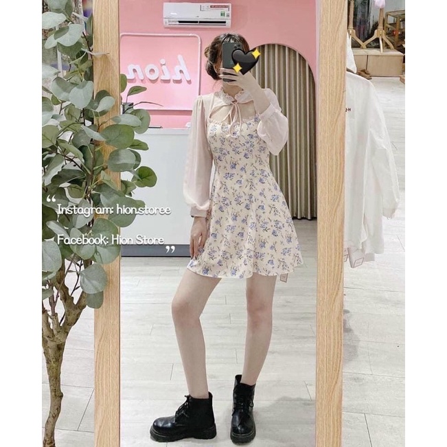 Đầm Tay Dài Phối Họa Tiết Hoa Xinh