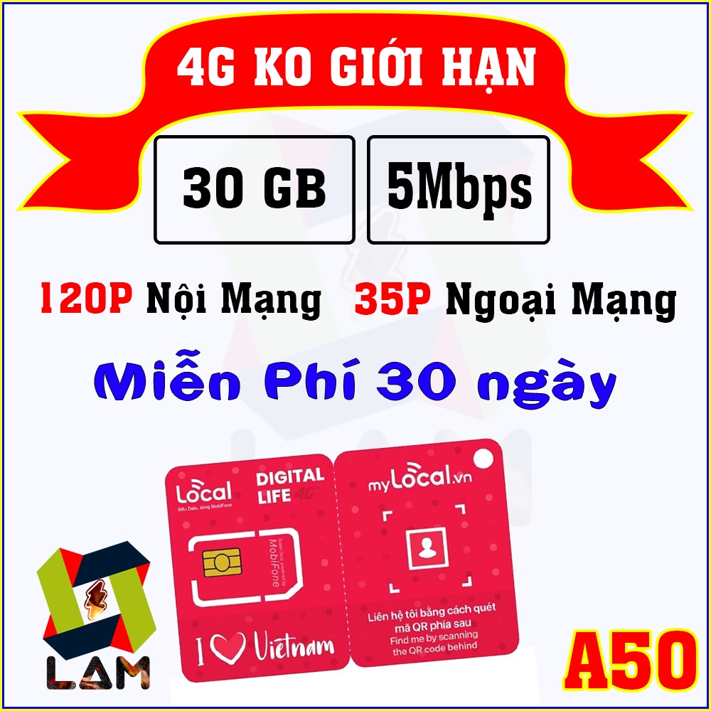 (Tự Chọn Số) Sim Mobifone Local A50 - Tỷ GB Dùng 4G KHÔNG GIỚI HẠN, Gọi FREE. Miễn Phí tháng đầu