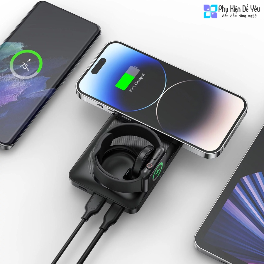 Pin sạc dự phòng không dây Mazer MagAir14 DUO Mag.S.a.f.e 15W + Sạc A,p.p.le Watch - 10.000mAh