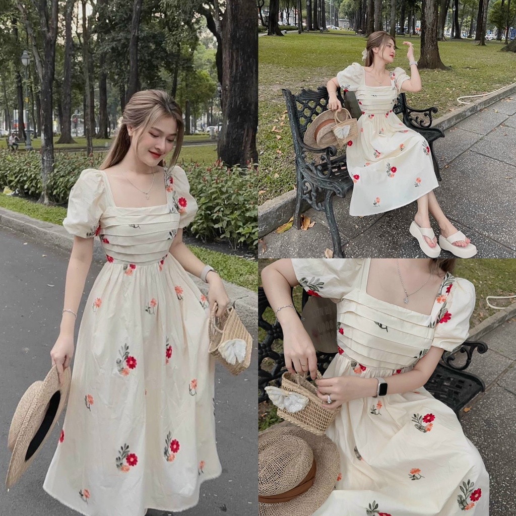 Đầm váy nữ maxi biển voan hoa phối xếp ly ngực xinh xắn, duyên dáng dành cho các nàng