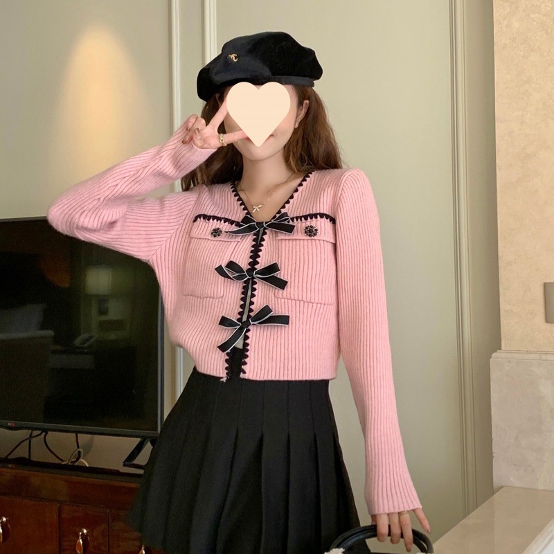 Dệt Kim Áo Khoác Cardigan Thời Trang 2023 Phong Cách Nước Ngoài Cổ Nơ Phần Ngắn Nhỏ Len Nữ Thu Đông