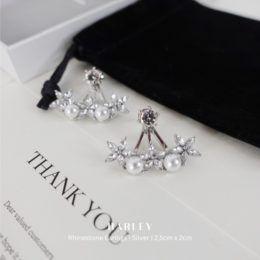 Bông tai đi tiệc ✨đính đá và hạt hình cánh quạt✨ màu bạc phong cách Hàn Quốc sang trọng thanh lịch, Harley Jewelry