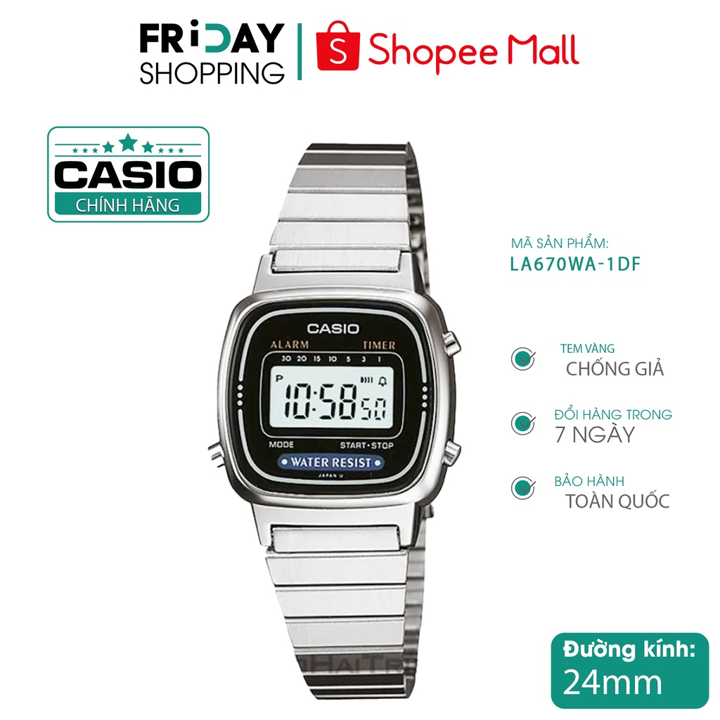 Đồng hồ Casio nữ chính hãng điện tử LA670WA-1DF dây kim loại