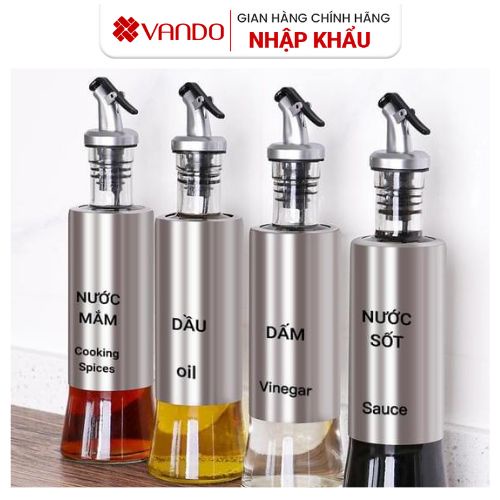 Chai đựng dầu ăn VANDO 300ml, nước mắm, nước sốt thủy tinh bọc inox 304 hàng cao cấp